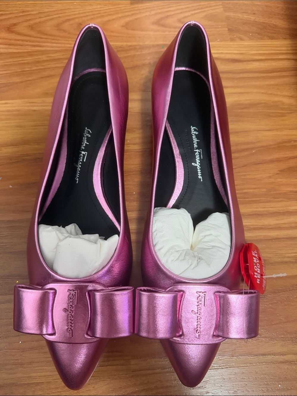 Salvatore Ferragamo Metallic Pink Bow Pointed Flats NWT